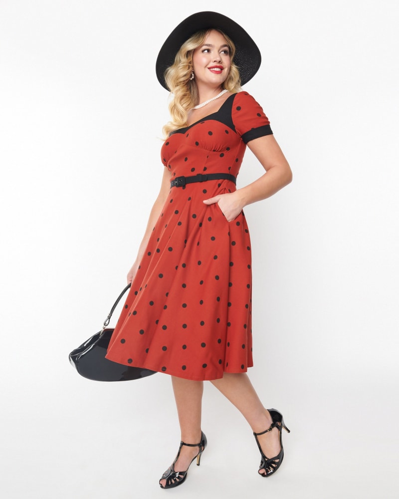 Unique Vintage Rust & Black Polka Dot Swing Dress | Red, Black Polka D